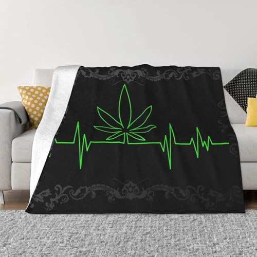 Marijuana Leaf Heartbeat Weed Fleece Blanket, Ultra Soft Flannel Throw for Couch Bed