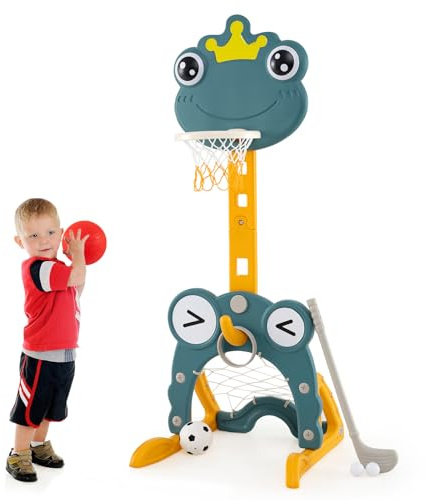 GOPLUS Canasta de Baloncesto 4 en 1 para Niños, Diseño de Rana/Ciervo, 4 Niveles Altura Ajustable, Incluye Golf, Balón de Baloncesto y 4 Aros, Base Estable Rellenable, 3+ Años (Verde)