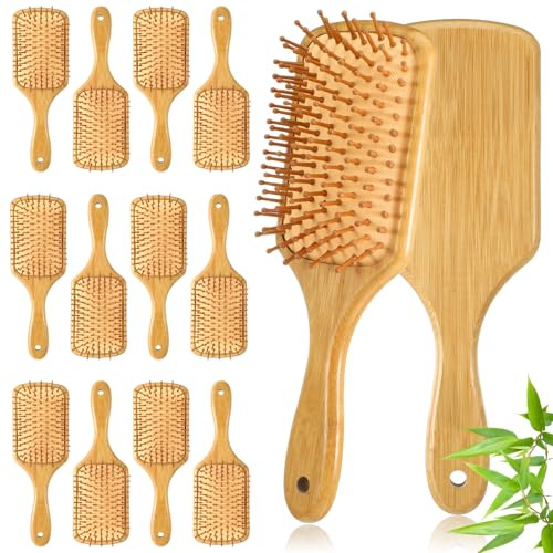 Ckhoid 12PCS Bamboo Hair Brush Bluk Paddle Brush Scalp Massage Bamboo Bristles, Anti Static Natural Wood Hairbrush for Women Men Hairs, Stimulates Scalp Detangling Brushes Gift for Hair Growth