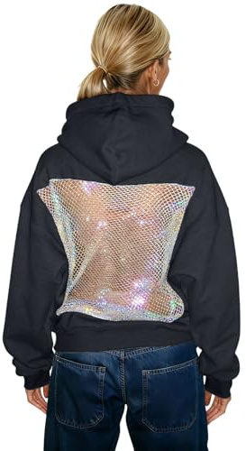 - Felpa invernale con cappuccio, alla moda, tinta unita, senza schiena, con scollo a rete, casual, per le gite quotidiane, Nero , M