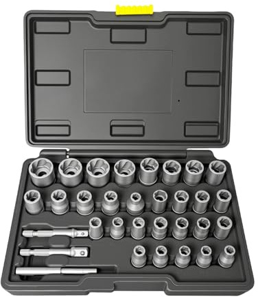 Set di estrattori per dadi in acciaio per bulloni bloccati e corrotti, capacità di coppia di 68 kg, design con scanalature antiscivolo, 29 pezzi per rimuovere dadi danneggiati
