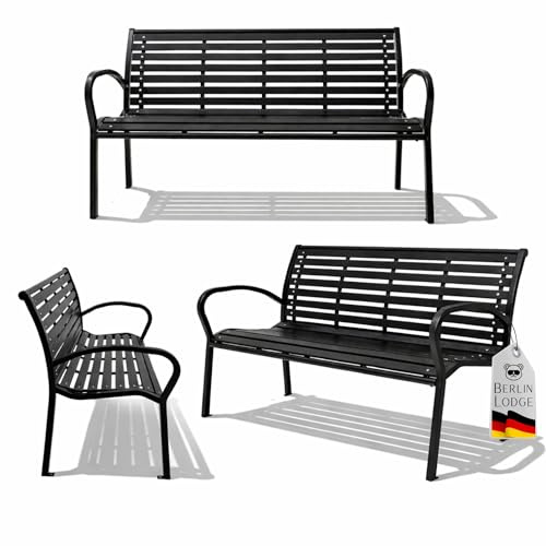 Berlinlodge Gartenbank Mykonos in Holzoptik, Kunststoff & Metall 3-Sitzer wetterfest, rustikal & massiv, 80 x 126 x 60 cm, Schwarz, Balkonbank Wintergarten Gartenmöbel Sitzbank Garten Balkon Terrasse