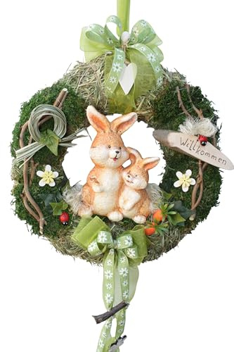 Türkranz Osterkranz 32 cm Grün Natur mit Hasenpaar | für Tür und Wand, Handarbeit aus Deutschland, mit Willkommenschild