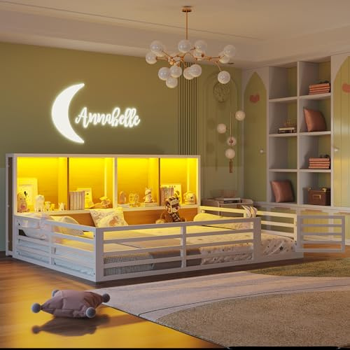 Yrxin Kinderbett Bodenbett 140x200 mit Rausfallschutz & Lattenrost, Montessori Bett Hausbett mit 4 Staufächer & LED-Beleuchtung & Tür, Gitterbett Metallbett Bettgestell Spielbett (Weiß, 140x200CM)