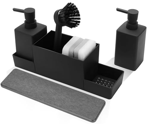 Küche Spüli- und Seifenspender Set, Spülmittelspender mit Schwammhalter & Reinigungsbürste, Multifunktional Spülbecken Organizer Küchenutensilien, Diatomeenmatte (Schwarz)