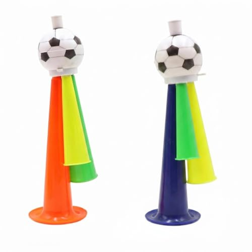 SINJAETRQ Plastic Soccer Horns for Fans, Football Fan Horn Noise Maker with Lanyards, Cheering Ball Trumpets for 2026 World Cup Stadium Sports Events and Parties, Random Assorted Colours (Large 2PCS)