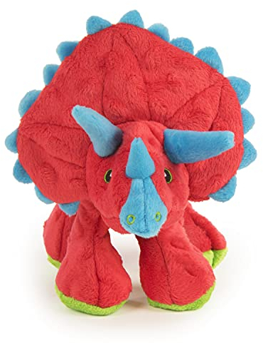 Moonmoon goDog Dinos Triceratops med tuggskyddsteknik plyschpiper hundleksak, stor, röd