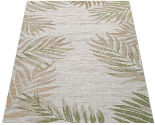Paco Home Alfombra Interior Exterior Beige Verde Balcón Terraza Palmeras Hojas Robusta, tamaño:120x160 cm