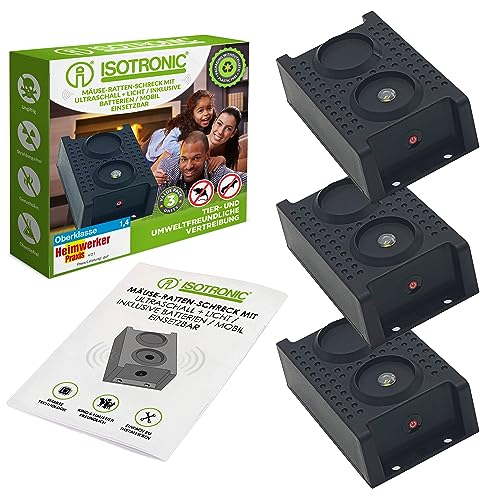 ISOTRONIC Marderschreck Blitz mit Licht LED Blitzlichtfunktion Ultraschall | für Haus, Auto, Garage und Dachboden | vertreibt Marder, Mäuse, Ratten, mardersicher, 3 Stück je 40m² Wirkungsbereich