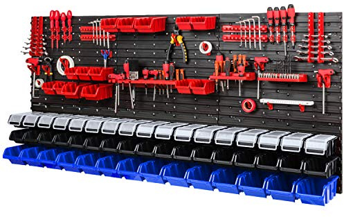 Mur à outils – 1728 x 780 mm – Système de rangement – Panneau perforé avec porte-outils et boîtes empilables avec couvercle – Étagère murale, étagère d'atelier, casiers de rangement (noir/bleu)