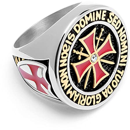 Schmuck-Checker Templer Ring aus 316L Edelstahl Kreuzritter Siegelring teilweise vergoldet mit rotem Tatzenkreuz Schwerter und Zirkon Stein (65 (20,6 mm Ø))