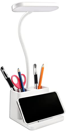 SCNNC LED Desk Lamp 5W White with Phone & Pen Holder, 3 Modes and 3 Brightness Dimmable, LED Touch USB Rechargeable Bedroom Table Light, Portable Desk Lamp for Home Office Work Study