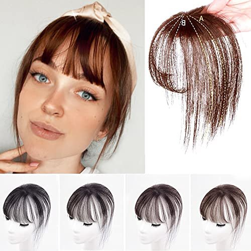 Eree Hair Haarverlängerung, Echthaar, 3D-Luft-Pony, 3 x 4 cm, Monofilament-Basis, zum Anklippen, einteilig, unsichtbar, Hellbraun