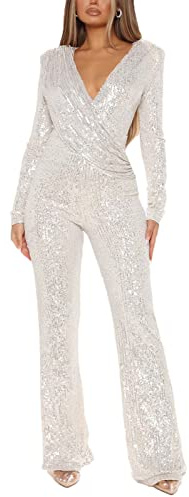 VIVICOLOR Pailletten-Overall Mit Tiefem V-Ausschnitt FüR Damen, WeißEr, Eleganter Glitzer-Pailletten-Strampler Mit Langen äRmeln Und Weitem Bein, GläNzender, Funkelnder Overall