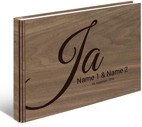 Personalisiertes Hochzeit Gästebuch echtes Holz DIN A4 Hochzeitsbuch mit Lasergravur - Ja - mit 72 Blatt / 144 Seiten Naturpapier Weiß
