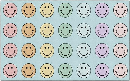 Flagship Carpets Pastel Rainbow Smileys Criss-Cross Applesauce Educational Area Rug for Kids Room, Children's Classroom for Teaching and Playroom, 7'6 x 12', Multi, Seats 28