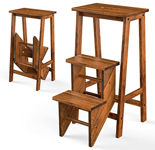 COSTWAY Tabouret Escabeau en Bois d'Hévéa Pliant, Marchepied 3 Marches, Escabeau Multifonctionnel avec Marches Réversibles, Portable, 57 X 41 X 76 cm, Capacité 310 kg (Chêne Foncé)