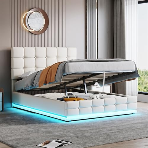 Merax Ottoman Lift Storage Bed Upholstered Bed with LED Lighting, PU Faux Leather Upholstered Bed Frame with Gas Lift Large Storage, 4ft6 Double Bed Frame (Without Mattress, White)