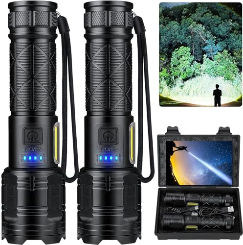 taoquwe Rechargeable LED Flashlights High Lumens, 99,000 Lumen Super Bright Flashlight with 7 Modes & Waterproof, Powerful USB Rechargeable Handheld Flash Light for Camping Home(2 Pack)