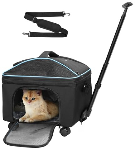 Babenest Sac de transport pour chat avec roues amovibles, approuvé par les compagnies aériennes, pour petits chiens et chats avec poignée télescopique et bandoulière, voyage, parc, hôpital (noir)