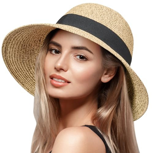 VIFUUR Damen Strohhüte Breiter Rand Sommervisier Strand Sonnenhut Verpackbare UPF UV Faltbare Reise Beige/Coffee L/XL