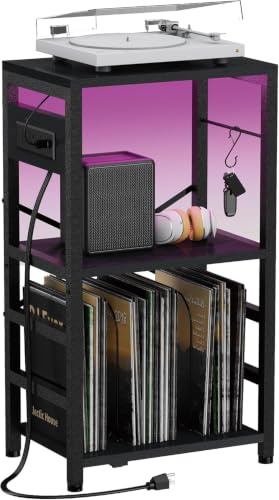 YAKANJ End Table with LED Light, Record Player Stand with Charging Station