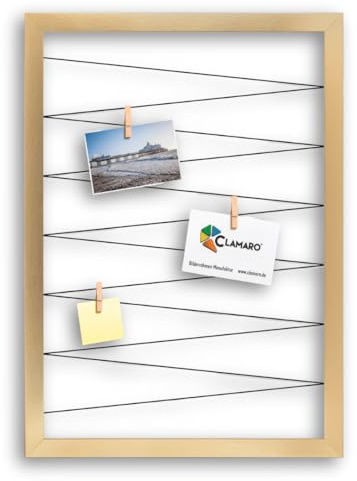 CLAMARO Bilderrahmen Collage Flex, 40 x 60 cm, Gold, mit 20 Holzklammern | MDF-Holzrahmen vollummantelt, vorgespannte Gummileine, Echtholz-Fotoklammern, Wandaufhänger, für Fotos, Postkarten, Notizen