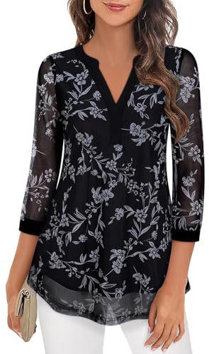 Flikity Blouses for Women UK Dressy Casual 3/4 Sleeve Tops for Women UK 2024 Office Work Dress Shirts Fall Clothes Tunic Tops to Wear with Leggings Funeral Attire for Women Floral Black M
