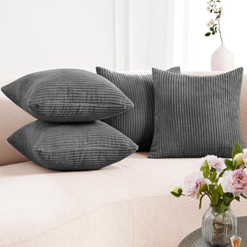 Pameil 4er Set Kordsamt Kissenbezug 45x45 cm Kissenbezüge Kissenhülle Sofakissen Dekokissenbezug Couchkissen Weich für Sofa Schlafzimmer Wohnzimmer Balkon (Asche, 45 x 45 cm, 4 Stück)