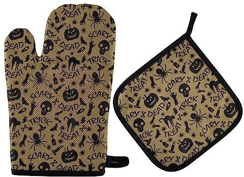 Ofenhandschuhe Halloween, Glücklich, Gruseliger Totenkopf Topflappen Set Waschbare Topfhandschuhe Anti-Rutsch Grillhandschuhe Für Backen Barbecue Kochen