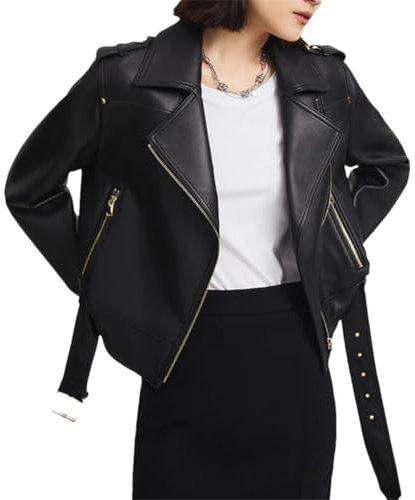 Kurze Damen-Motorradjacke aus Schaffell, lässiger Reißverschluss, Lederjacken mit Gürtel, Schwarz , L