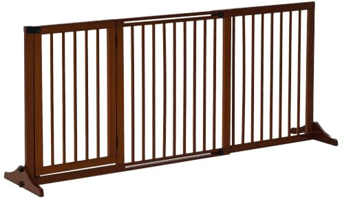 PawHut Barrera para Perros Extensible 113-166x71 cm Barrera de Seguridad para Perros de 3 Paneles con Longitud Ajustable Marco de Madera y Soporte de Pie Marrón