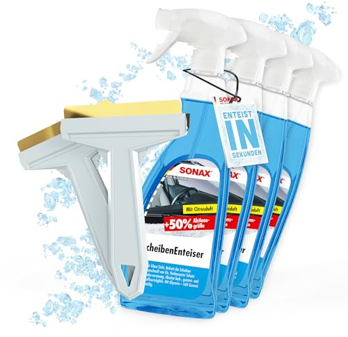 autopflege Auto Scheibenenteiser Set | 4X Sonax Scheiben Enteiser Spray 750ml für Autoscheiben + 2X Murska Eiskratzer mit Messingklinge | Enteiserspray für klare Sicht
