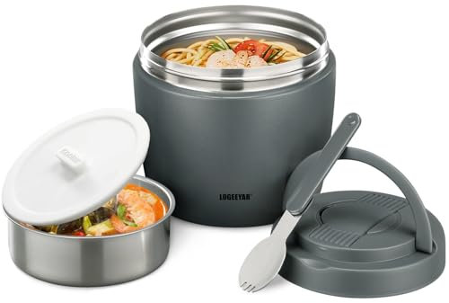 Itslife Thermos per Alimenti 970ml, Contenitore Termico per Alimenti con Cucchiaio Pieghevole, Thermos Pappa Acciaio Inossidabile per Zuppa, Porridge, Riso, Frutta (Grigio)