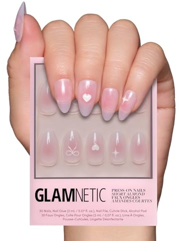Glamnetic Press On Nails - Lovers Knot | Glossy, Semi-Transparent, Short Almond Fake Nails, Salon Quality | 15 Sizes - 30 Nail Kit with Glue