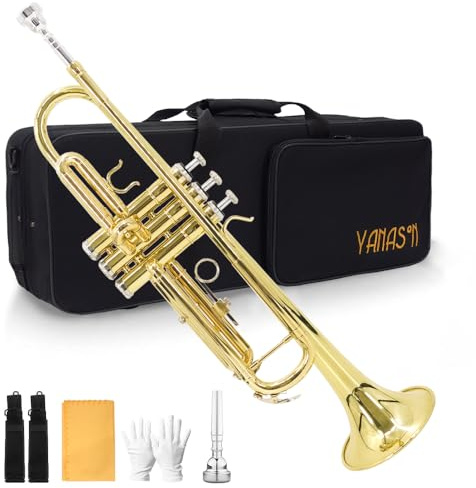YANASON Bb Standard-Trompeten-Set für Anfänger, Messing-Trompeteninstrument mit leichtem, tragbarem Koffer, Reinigungsset, 7C-Mundstück und Handschuhen, goldfarben
