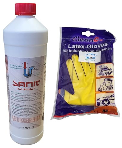 zbs24 Sanit RohrBombe der alternative Rohrreiniger - säurefrei löst er Verstopfungen, insbesondere verursacht durch Haare, inkl. Latex Haushaltshandschuhe (1 x 1000ml)