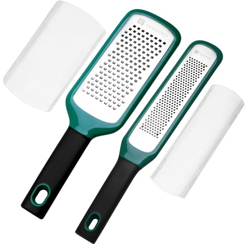 Linoroso Zitronenreibe & Käsereibe Set aus 2 - Handreibe für Käse, Knoblauch, Ingwer, Muskatnuss, Schokolade, Früchte - Rasiermesserscharfe Edelstahlklinge mit Schutzabdeckung