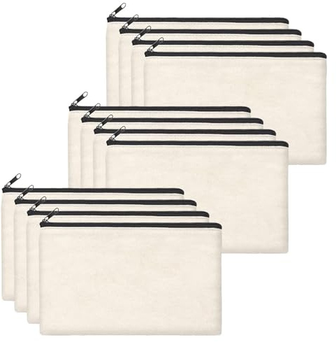 Hsyadazi 12 Stück DIY Blanko Stoffbeutel, Mäppchen Klein, Segeltuch Kosmetiktasche, Stoffbeutel zum Bemalen, 21 x 12 cm DIY Blanko Stoff Federmäppchen mit Reißverschluss