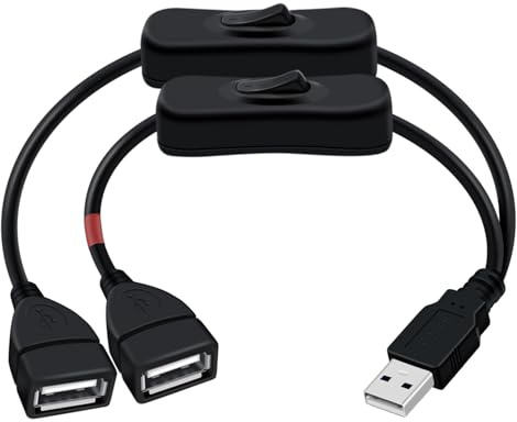 HuaLiSiJi USB Splitter 1 zu 2 mit Schalter USB A 2.0 Kabel Stecker auf 2 Buchse Eine Unterstützt Datenübertragung, die Andere Nur Stromversorgung (Schwarz, 0.3 m)