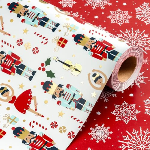 Wikadlik Mini rotolo di carta da regalo natalizia Schiaccianoci, 43 cm x 10 m, motivo balletto, chitarra, fiocco di neve, carta da regalo dorata, per feste, celebrazioni fai da te