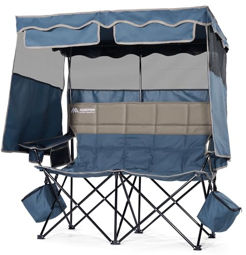 Padded Double Camping Chair With Canopy,Folding Chair Support 450LBS, Blue