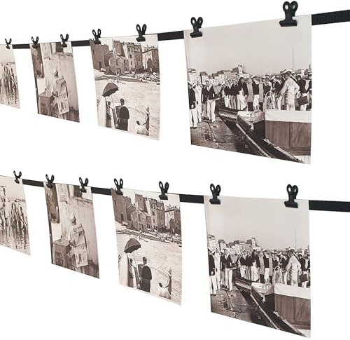 LeTOMA - Fotos aufhängen mit Stil | Fotoseil im minimalistischen Design Pure Black | Schwarzes Band mit schwarzen Metall-Klammern | 60 cm & 6 Clips | Made in Germany