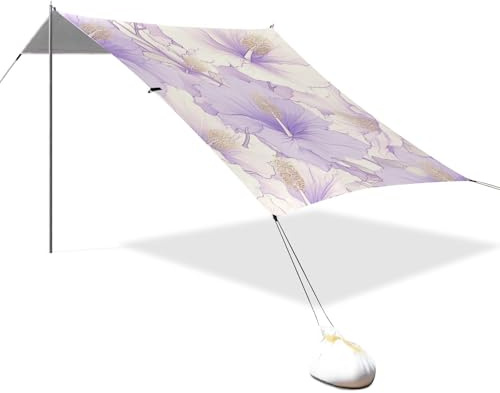Parasol plegable con flores de hibisco morado claro UPF50, resistente al agua, con postes resistentes, sacos de arena y pala para viajes familiares, picnics y camping