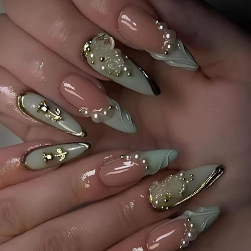 30pcs Long Pointy False Nails French Tip Press on Nails Green Edge Nude Pink Stick on Nail with 3D Gold Flower Pearl Design Removable Glue on Acrylic Fake Nail Tips Accessories for Women