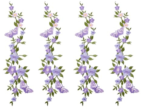 HOBBIESAY 4 Bügelbare gestickte Applikationen Schmetterlingsblumen mit langem lila Floralem Design für Kleider Taschen Hosen Dekoration 8x27.5cm
