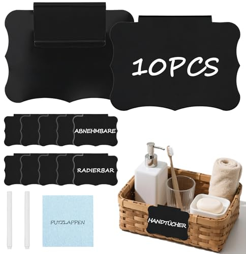 10 Stück Etikettenhalter Schwarz - Mit 2 wiederbeschreibbaren Weißboardstiften & 1 Reinigungstuch, abnehmbare Clips - Ideal für Lagerung, Regale & Büros