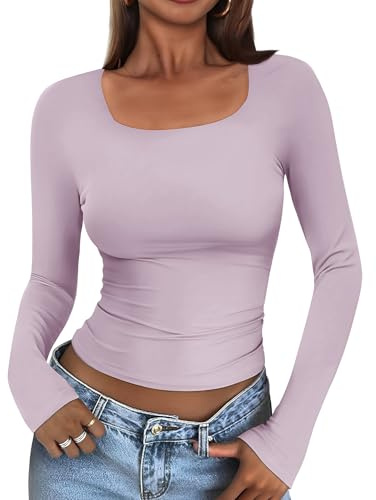 Cuptacc T-shirt dam elegant långärmad fyrkantig hals T-shirt dam smal passform ledig enfärgad basic tunika, Ljuslila, M