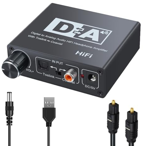 VGE Convertitore audio digitale ad alta fedeltà, convertitore DAC con ottico e coassiale a R/L RCA e AUX da 3,5 mm, 192 KHz, cavo Toslink incluso, semplice funzionamento Plug and Play, adattatore