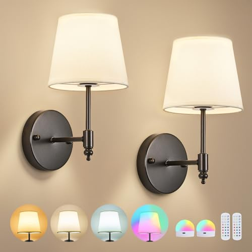 DSJK Black Battery Wall Light Set of 2,Wireless Wall Sconces for Bedroom | 2 Rechargeable bulbs,2500mAh×2,No Wiring Wall Light,Dimmable,15 RGB Colours,Fabric Rechargeable Wall Lights for Living Room